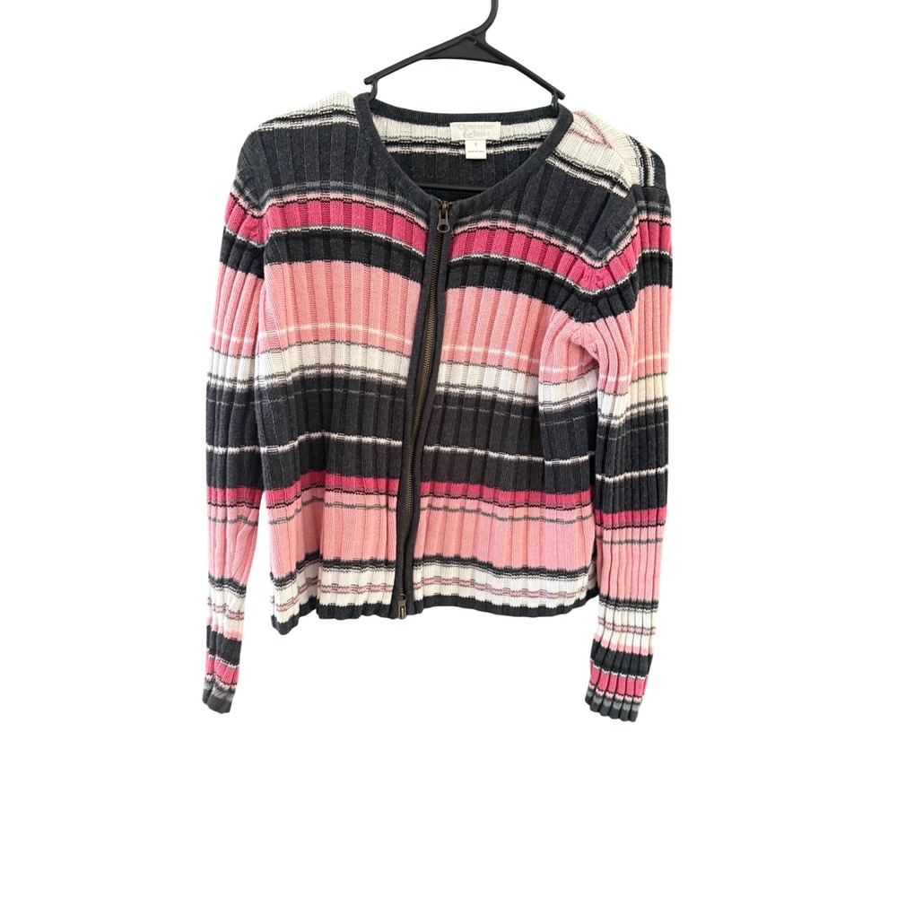 Christopher & Banks Pink Grey Striped Zip Cardigan Sweater Ramie Cotton Small